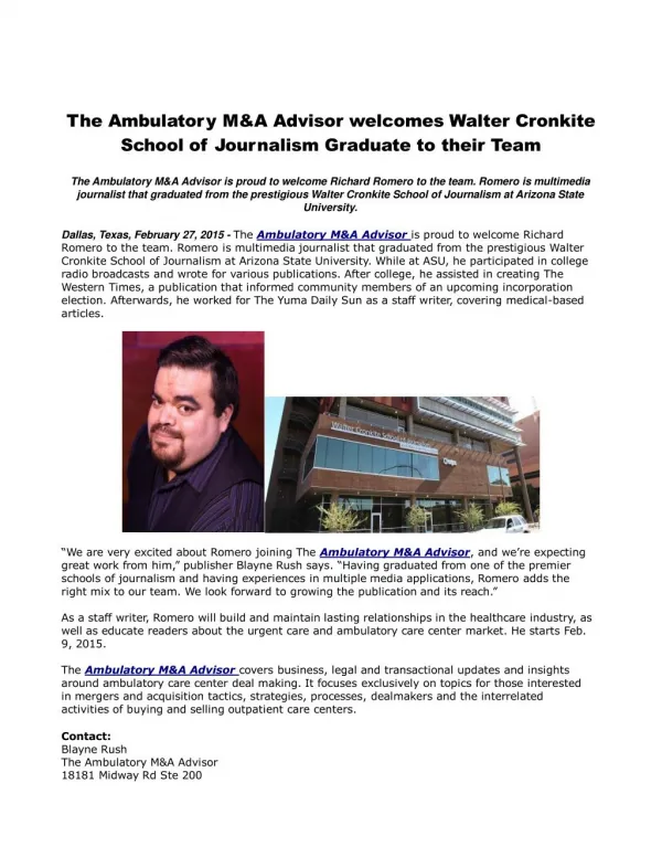 The Ambulatory M&A Advisor welcomes Walter Cronkite School o
