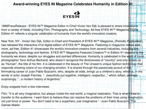 Award-winning EYES IN Magazine Celebrates Humanity