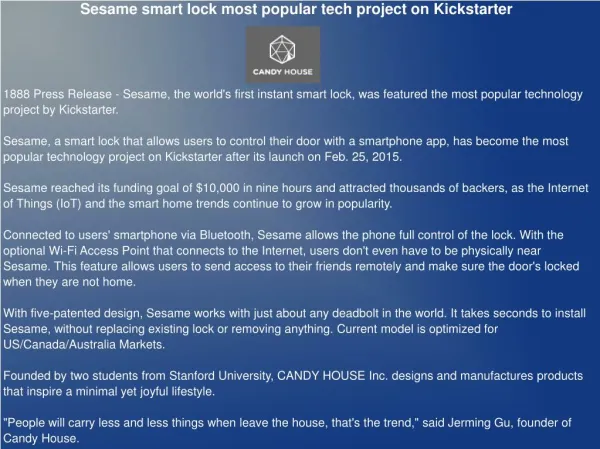 Sesame smart lock most popular tech project on Kickstarter