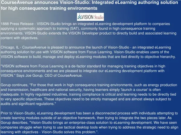 CourseAvenue announces Vision-Studio: Integrated eLearning