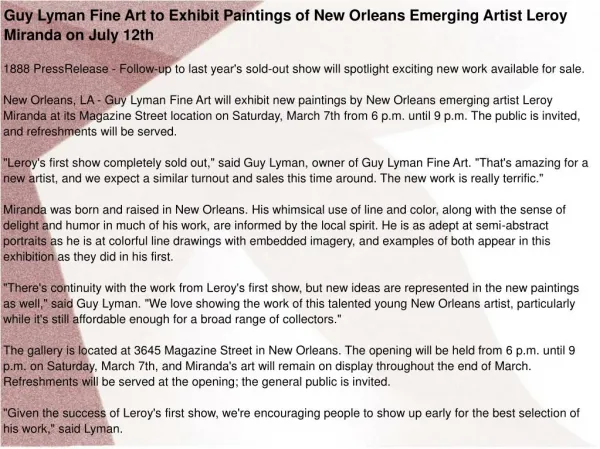 Guy Lyman Fine Art to Exhibit Paintings of New Orleans