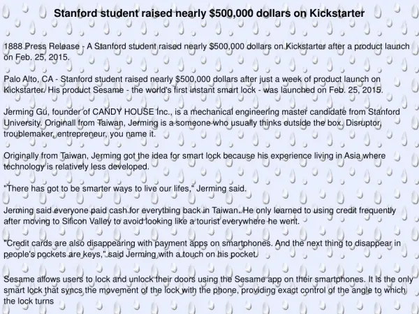 Stanford student raised nearly $500,000 dollars on Kickstart