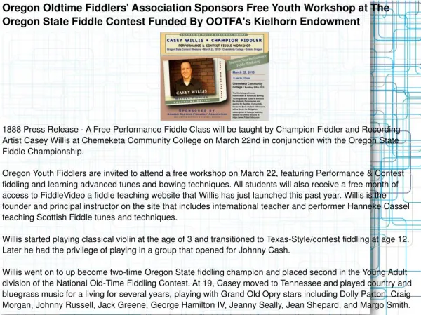 Oregon Oldtime Fiddlers' Association Sponsors Free Youth Wor