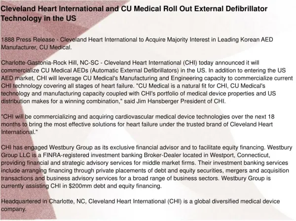 Cleveland Heart International and CU Medical Roll Out
