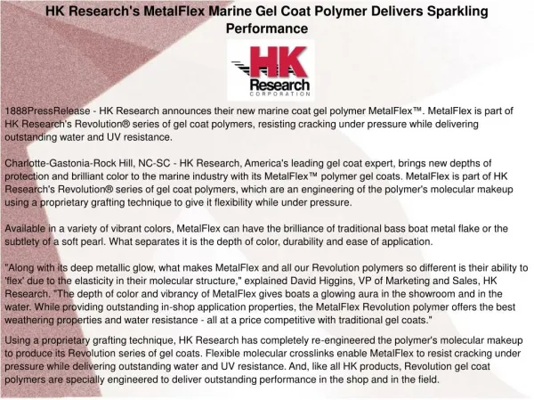 HK Research's MetalFlex Marine Gel Coat Polymer