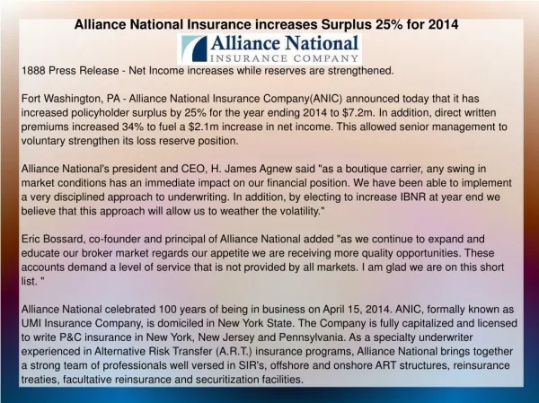 Alliance National Insurance increases Surplus 25% for 2014