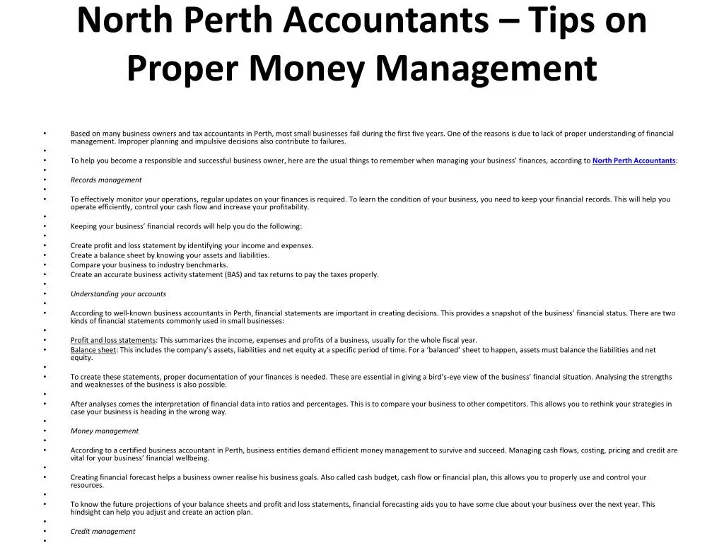 north perth accountants tips on proper money management