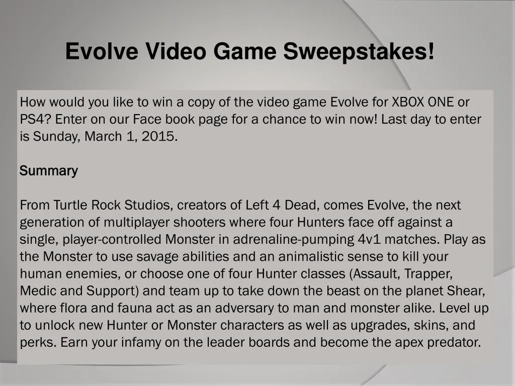 evolve video game sweepstakes