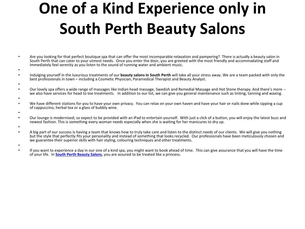 one of a kind experience only in south perth beauty salons
