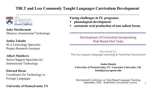 TBLT and Less Commonly Taught Languages Curriculum Development