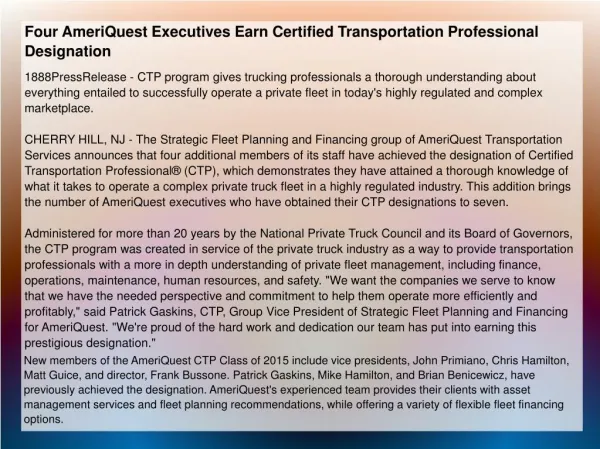 Four AmeriQuest Executives Earn Certified Transportation