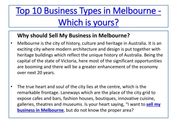 Melbourne City - A Hub to Sell Your Business