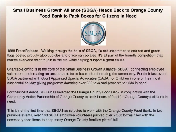 Small Business Growth Alliance (SBGA) Heads Back to Orange