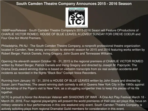 South Camden Theatre Company Announces 2015 - 2016 Season