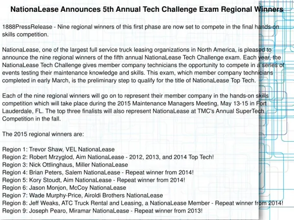 NationaLease Announces 5th Annual Tech Challenge Exam