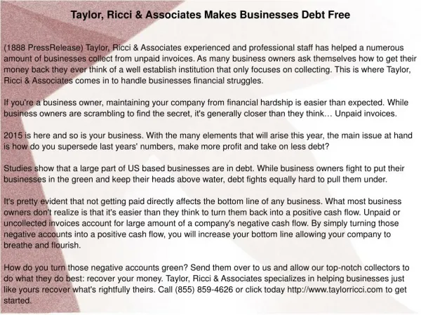 Taylor, Ricci & Associates Makes Businesses Debt Free