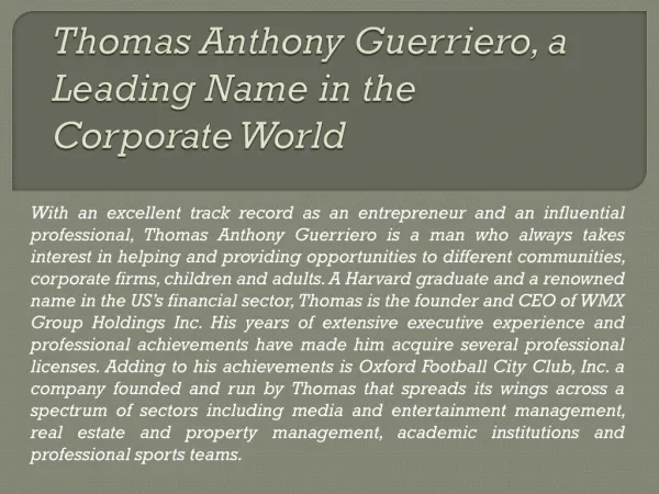 Thomas Anthony Guerriero, a Leading Name in the Corporate Wo