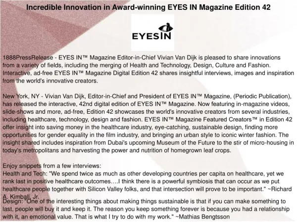 Incredible Innovation in Award-winning EYES IN Magazine