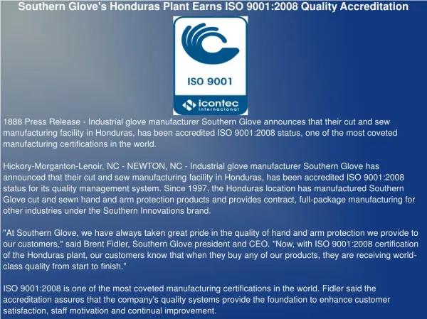 Southern Glove's Honduras Plant Earns ISO 9001:2008 Quality