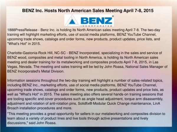 BENZ Inc. Hosts North American Sales Meeting April 7-8, 2015