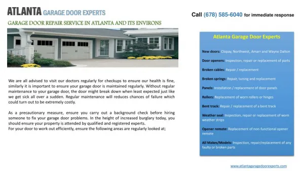 GARAGE DOOR REPAIR SERVICE IN ATLANTA AND ITS ENVIRONS