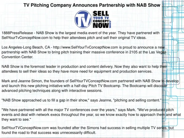 TV Pitching Company Announces Partnership with NAB Show