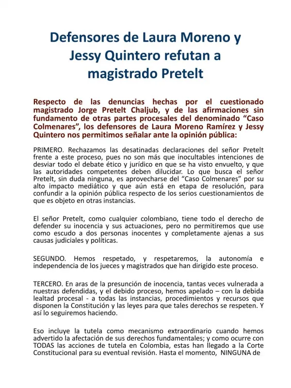 Defensores de Laura Moreno y Jessy Q. refutan a Mag. Pretelt