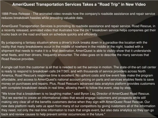 AmeriQuest Transportation Services Takes a "Road Trip" in Ne