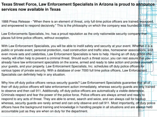 Texas Street Force, Law Enforcement Specialists in Arizona