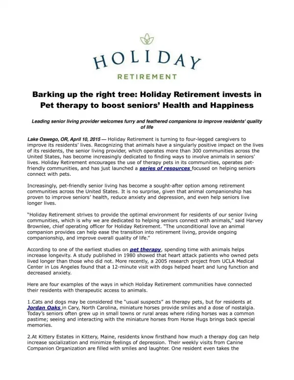 Barking up the right tree: Holiday Retirement invests in Pet
