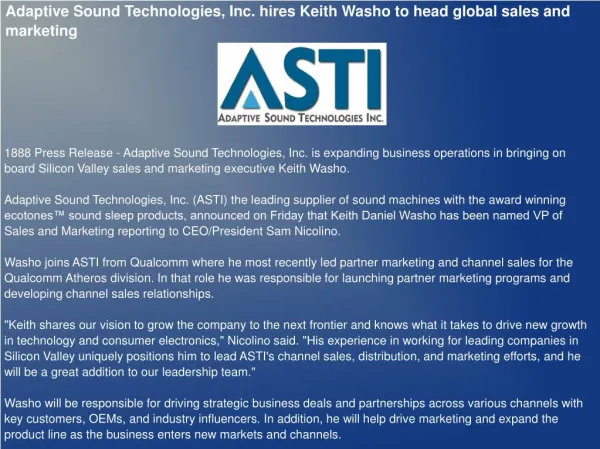 Adaptive Sound Technologies, Inc. hires Keith Washo