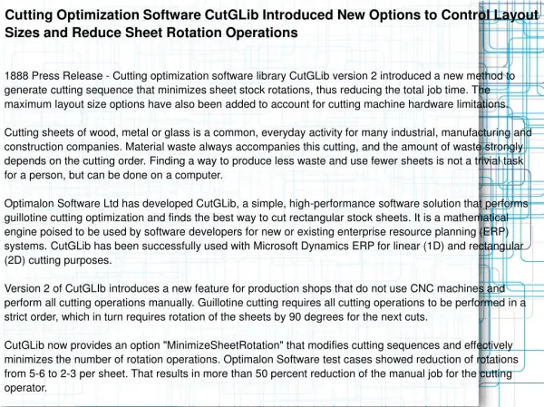 Cutting Optimization Software CutGLib Introduced New Options