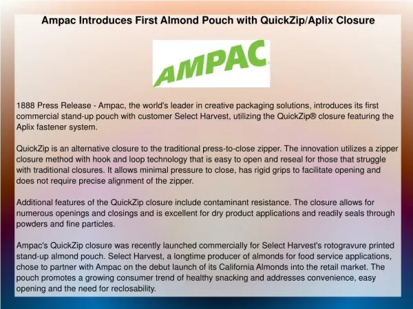 Ampac Introduces First Almond Pouch with QuickZip/Aplix