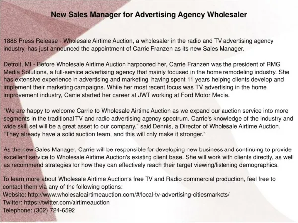 New Sales Manager for Advertising Agency Wholesaler