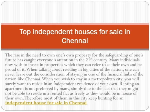 Top independent houses for sale in Chennai