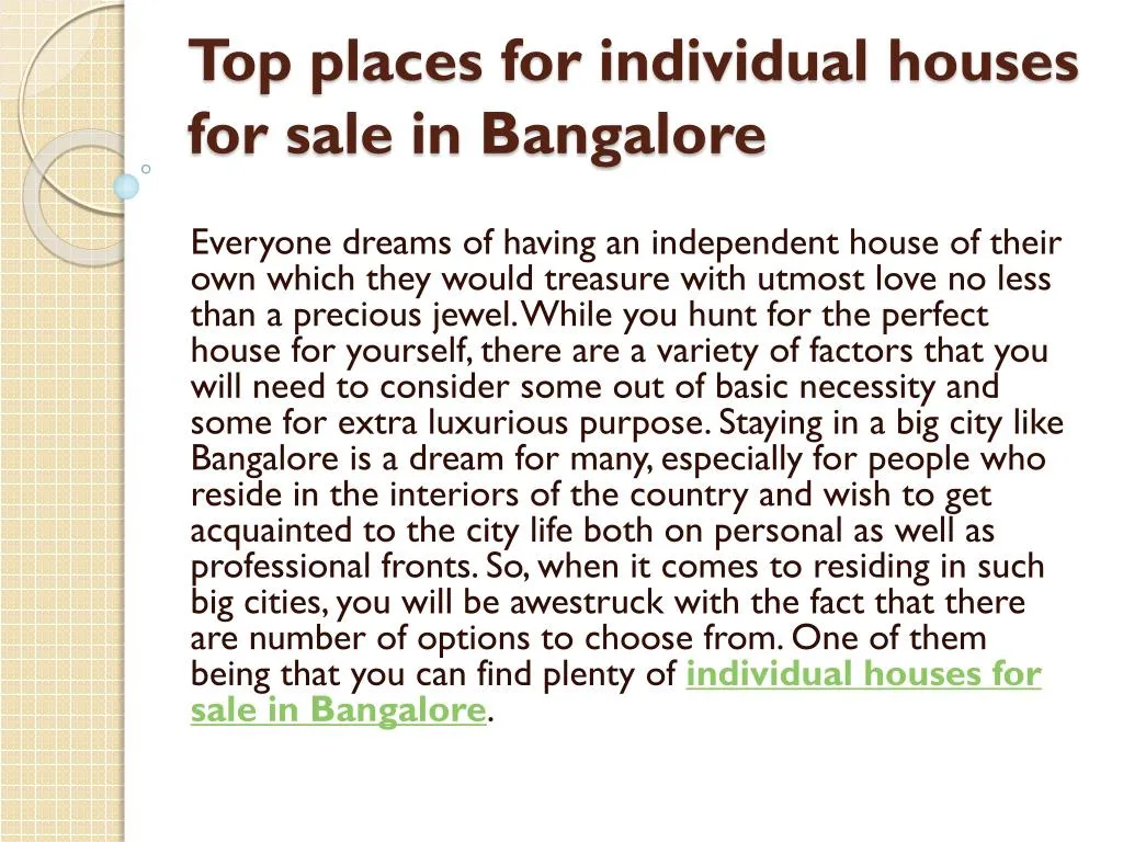 top places for individual houses for sale in bangalore