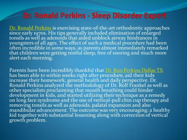 Dr. Ronald Perkins - Sleep Disorder Expert