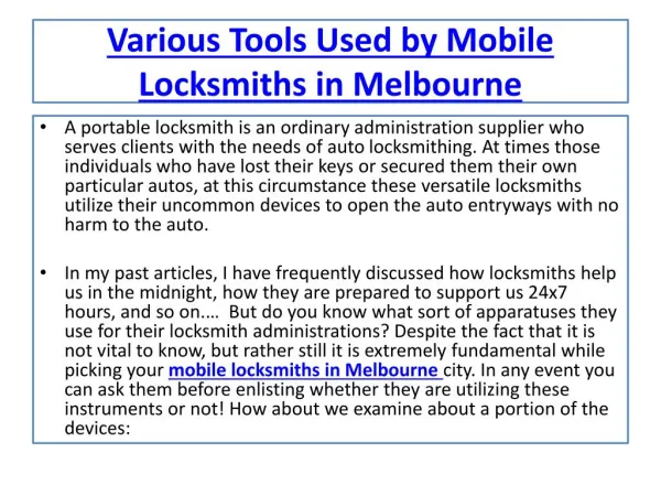 Different Tools Used by Mobile Locksmiths in Melbourne