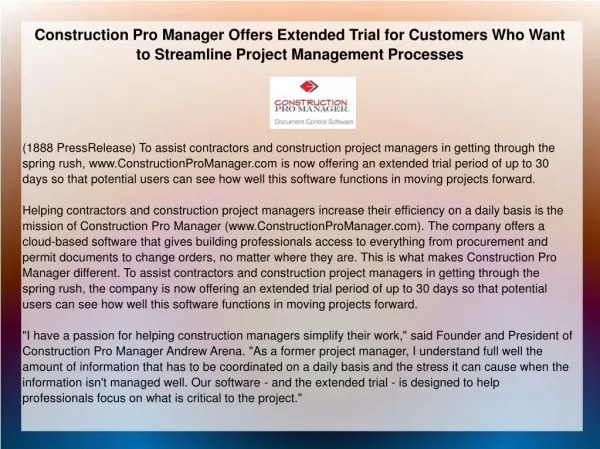 Construction Pro Manager Offers Extended Trial for Customers