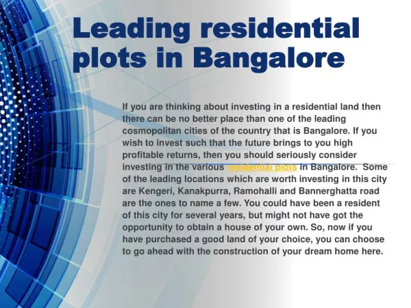 Leading residential plots in Bangalore