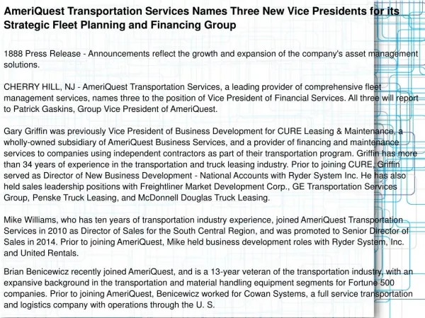 AmeriQuest Transportation Services Names Three New Vice