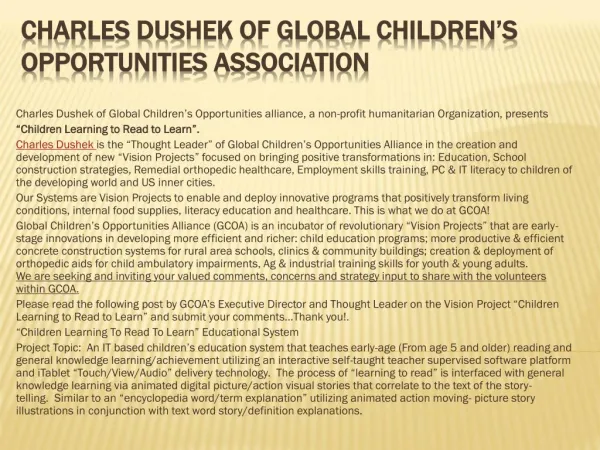 Charles Dushek of Global Children’s Opportunities Associatio