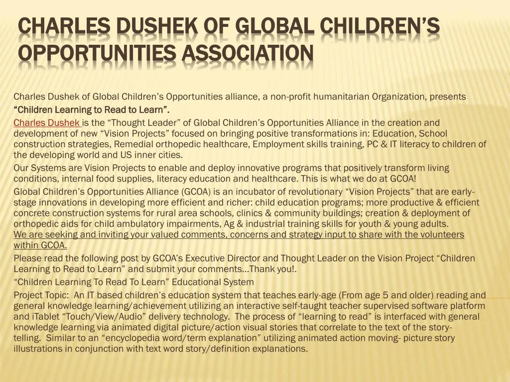charles dushek of global children s opportunities association