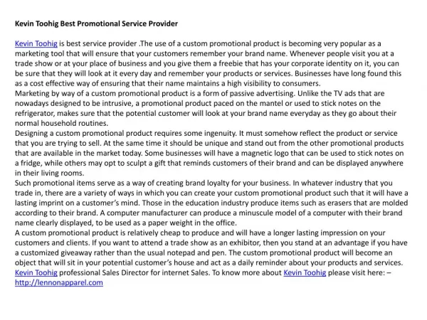 Kevin Toohig Best Promotional Service Provider