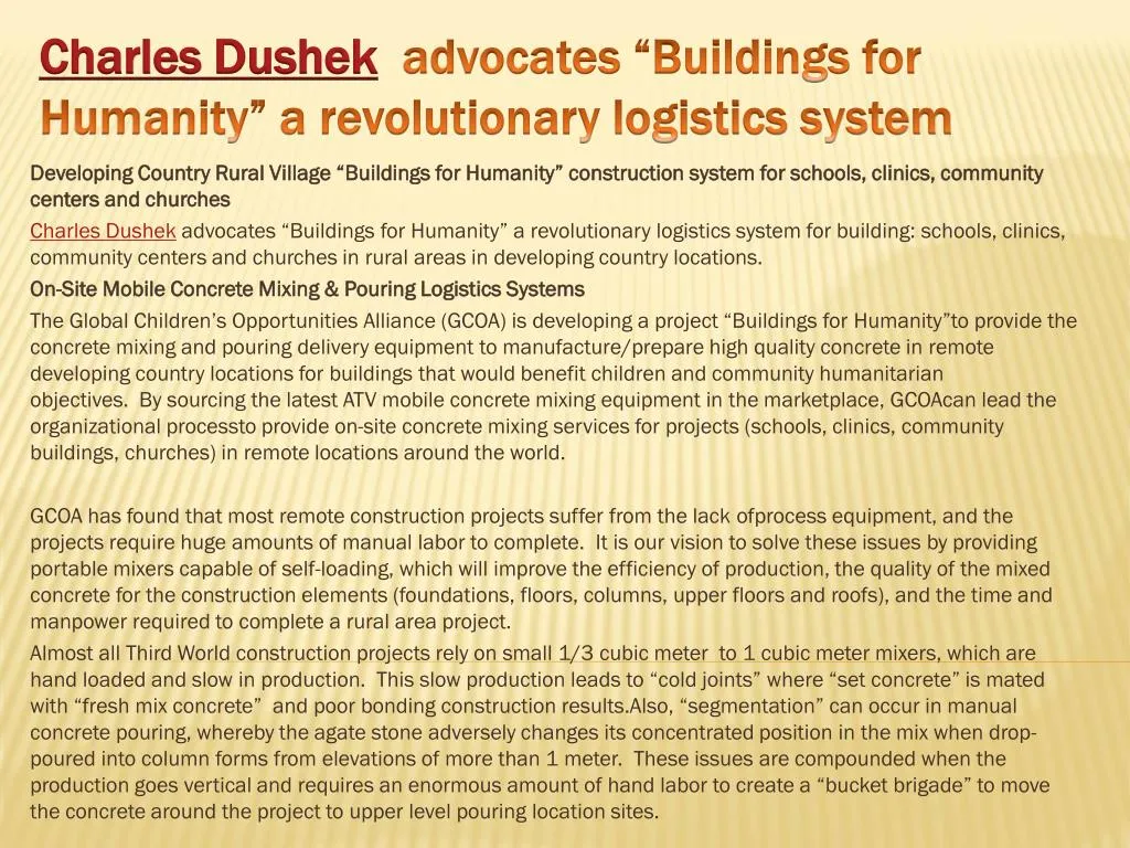 charles dushek advocates buildings for humanity a revolutionary logistics system