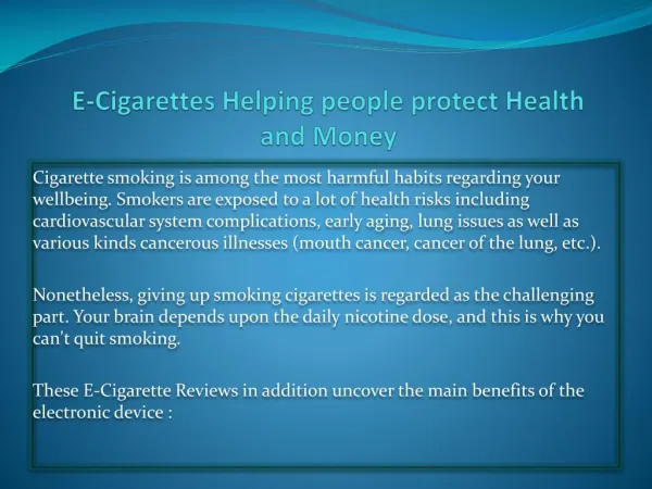 E-Cigarettes Helping people protect Health and Money