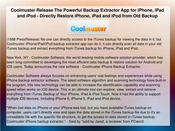 Coolmuster Release The Powerful Backup Extractor App