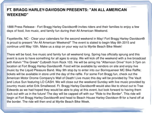 FT. BRAGG HARLEY-DAVIDSON PRESENTS: "AN ALL AMERICAN WEEKEND