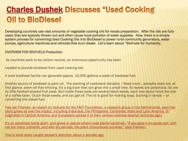 Charles Dushek Discusses “Used Cooking Oil to BioDiesel