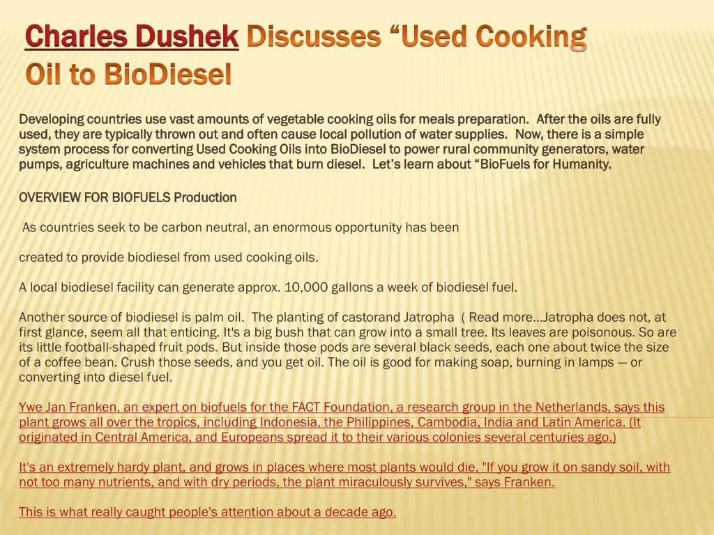 charles dushek discusses used cooking oil to biodiesel